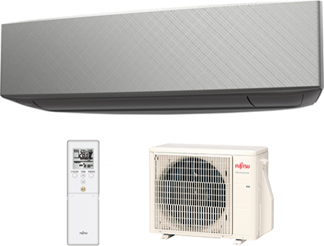 Fujitsu-General sienas tipa KE dizaina sērijas siltumsūknis un gaisa kondicionieris 3,5kW (melns) komplekts, kas paredzēts 20-40m2