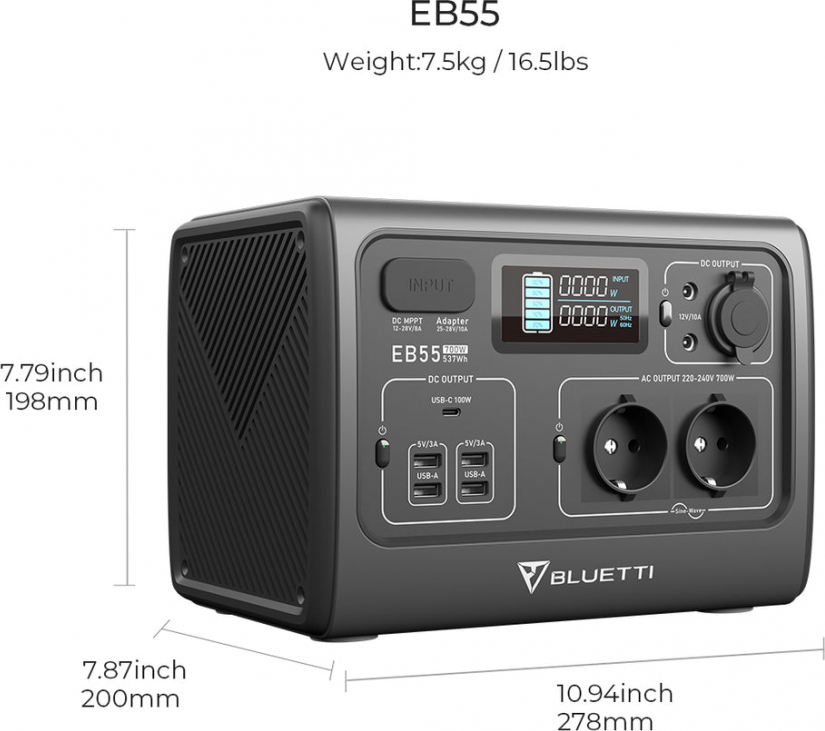 Bluetti poweroak EB55 pārnēsājamā saules elektrostacija | 700W 537Wh